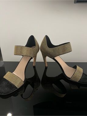 Dior Black Heeled Sandals with yellow Gold Crystal Embellishment